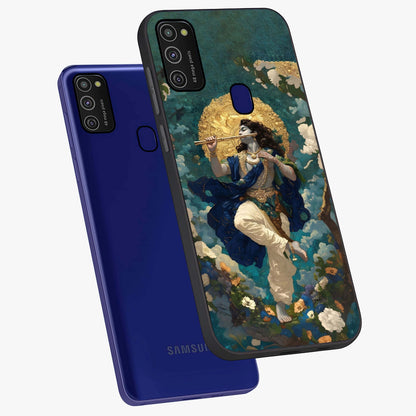 Divine Krishna Art Glass Case displayed in angled mockup highlighting spiritual Krishna illustration with devotional aesthetic.