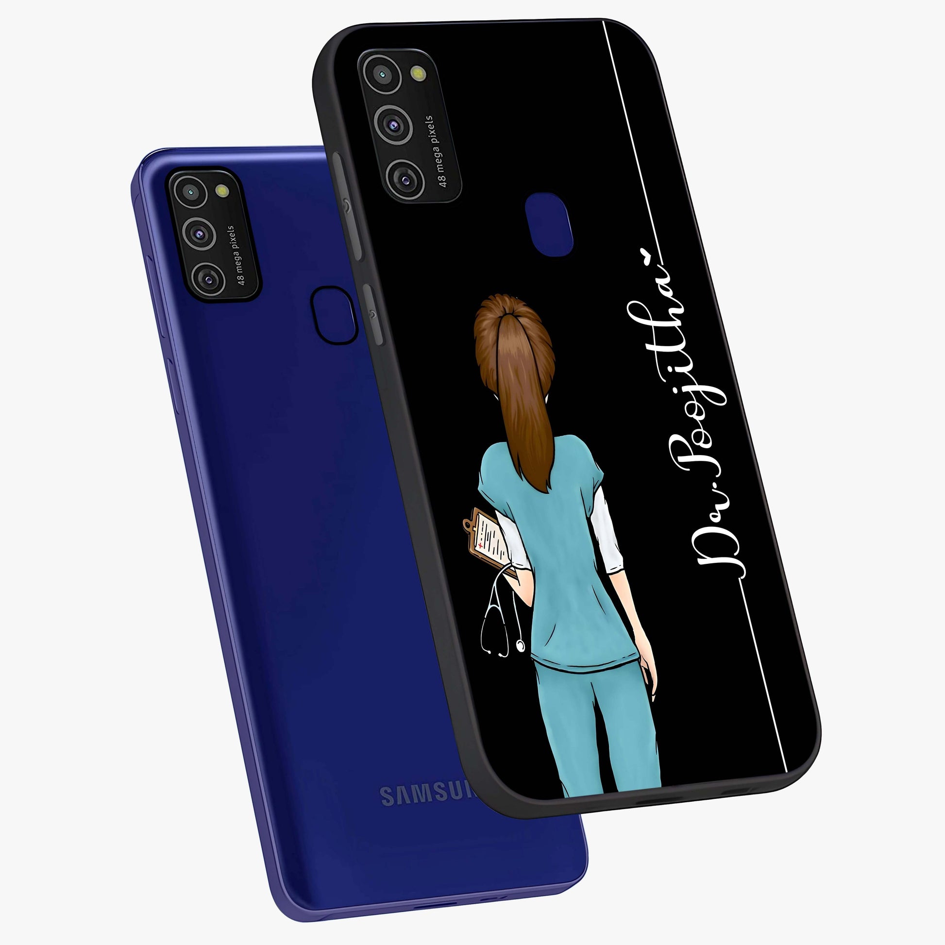 Doctor Pattern Custom Name Glass Case displayed in angled mockup highlighting doctor inspired artwork with custom name feature.
