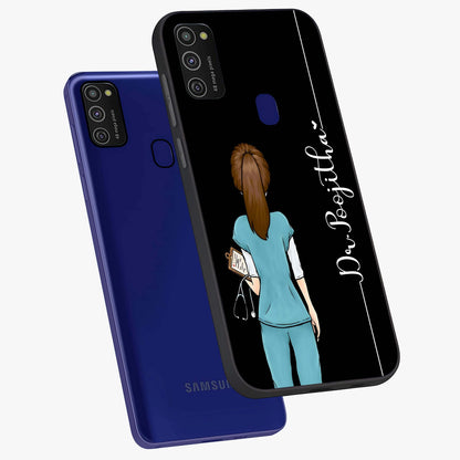Doctor Pattern Custom Name Glass Case displayed in angled mockup highlighting doctor inspired artwork with custom name feature.