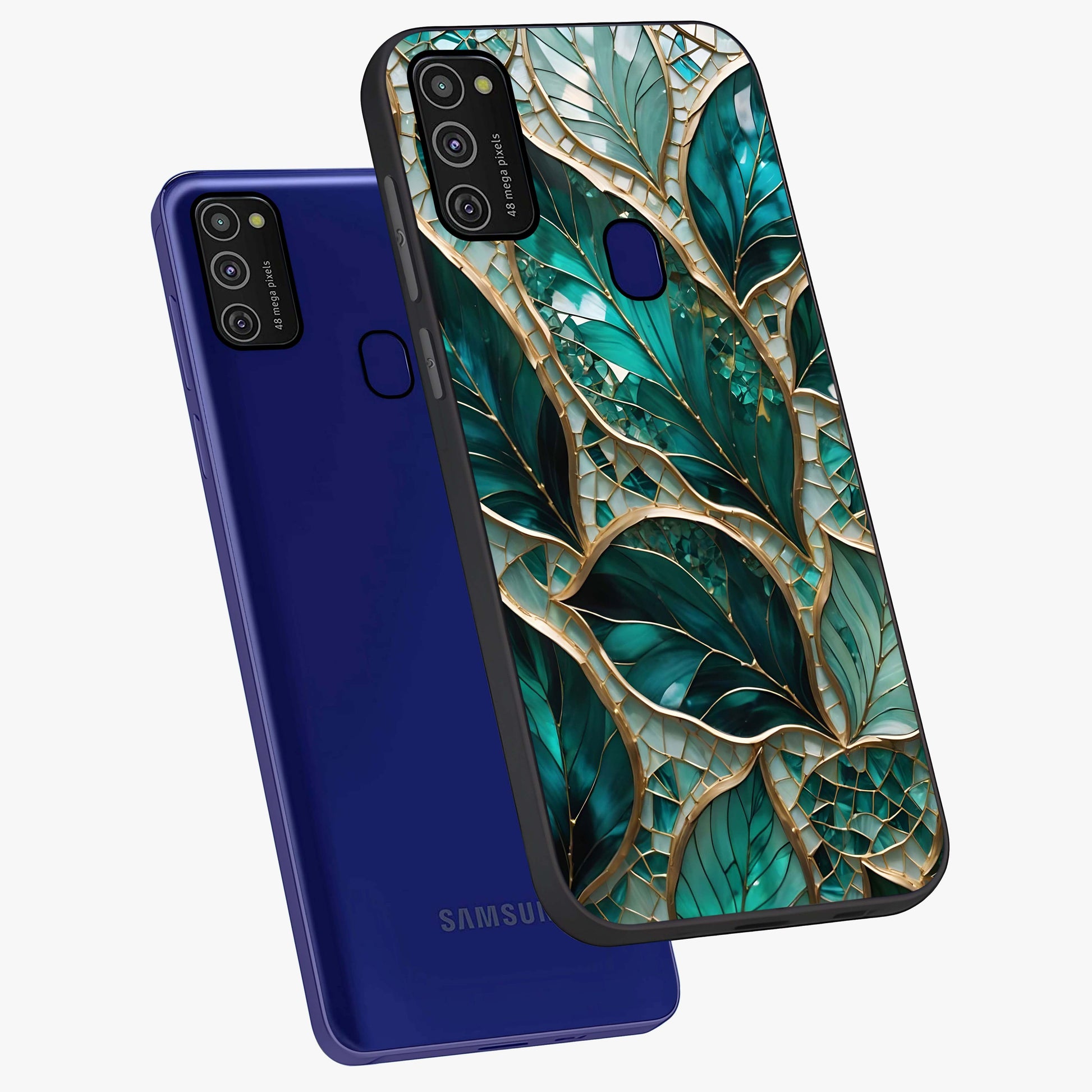 Emerald Leaf Glass Glass Case displayed in angled mockup highlighting botanical leaf illustration with elegant natural aesthetic.