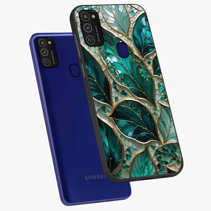 Emerald Leaf Glass Glass Case displayed in angled mockup highlighting botanical leaf illustration with elegant natural aesthetic.