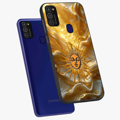 Eternal Golden Glow Glass Case displayed in angled mockup highlighting glowing golden aesthetic design with elegant style.