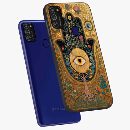 Ethereal Evil Eye Glass Case displayed in angled mockup highlighting protective evil eye symbol with spiritual aesthetic design.