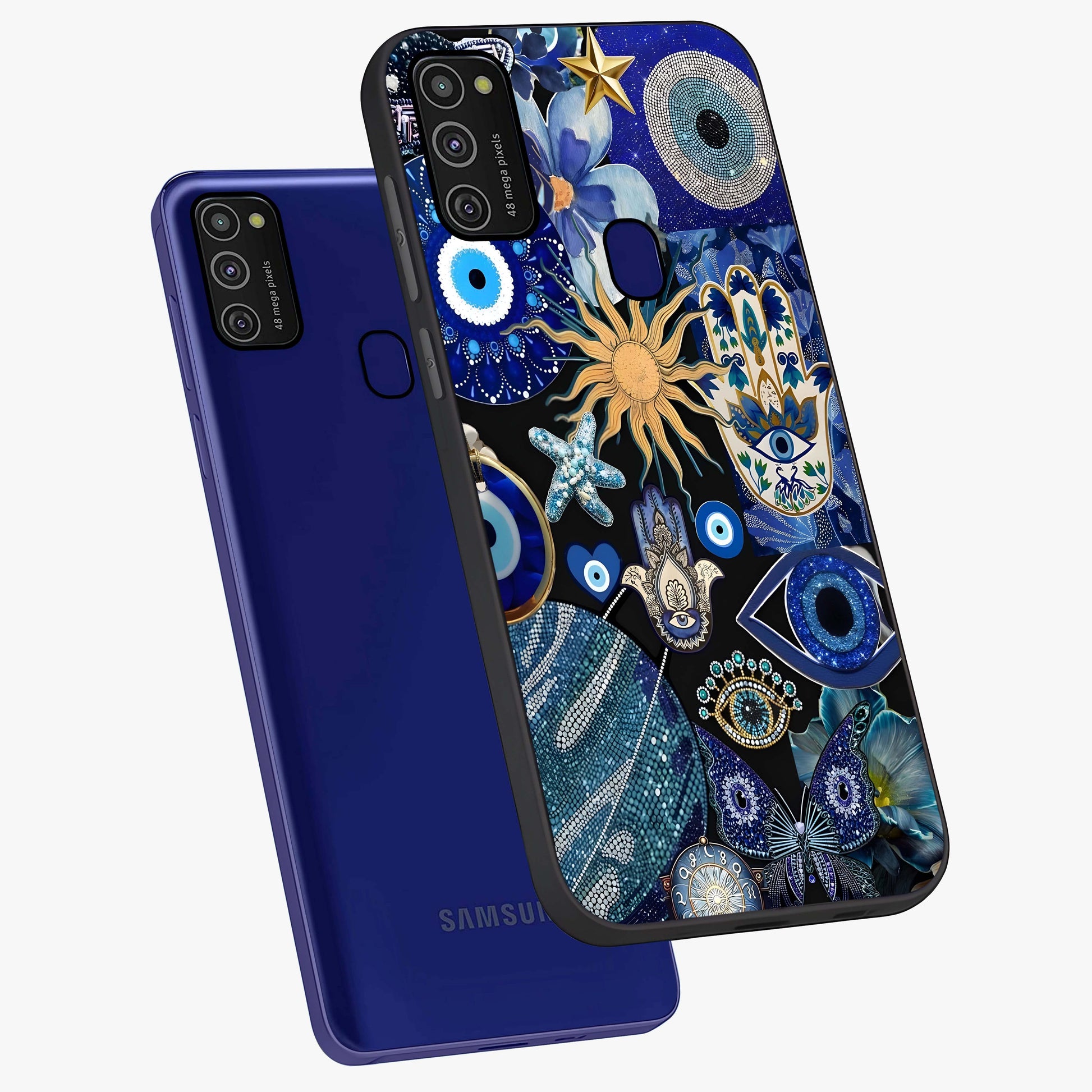 Evil Eye Charm Mix Glass Case displayed in angled mockup highlighting protective evil eye symbols with spiritual aesthetic design.