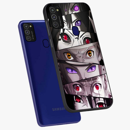 Eyes of Destiny Glass Case displayed in angled mockup highlighting bold eye illustration with mystical aesthetic style.
