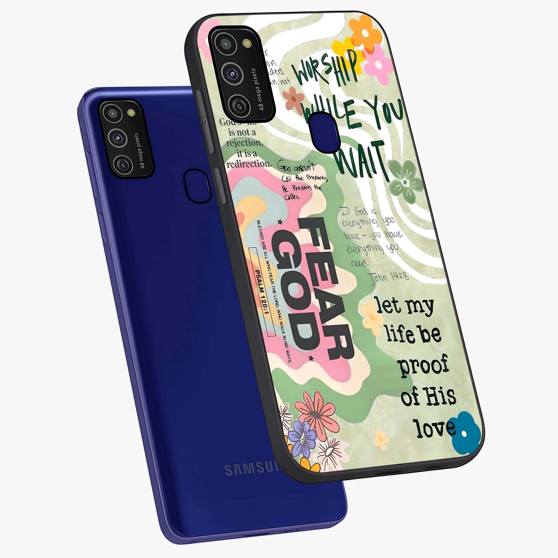 Faith Over Fear Glass Case displayed in angled mockup highlighting inspirational message design with modern aesthetic style.