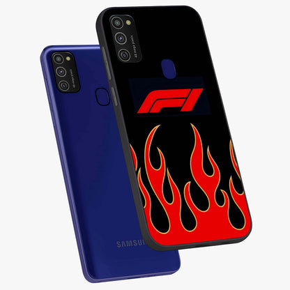 Fire F11 Glass Case displayed in angled mockup highlighting bold fire inspired graphic with energetic aesthetic style.