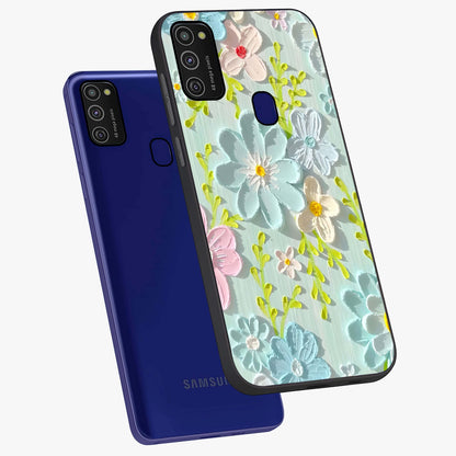 Frosted Petal Garden Glass Case displayed in angled mockup highlighting delicate flower petal design with calm garden aesthetic.