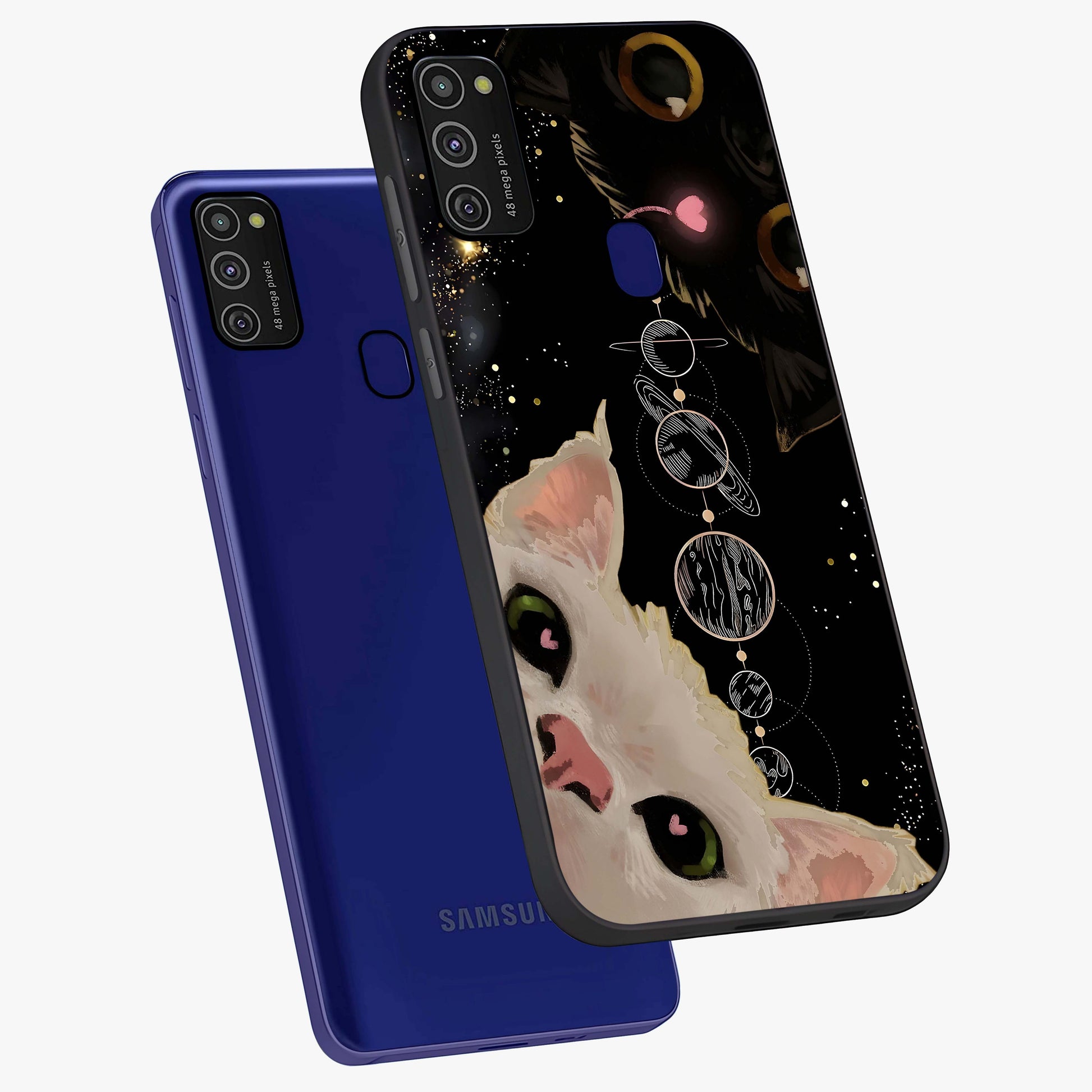 Galactic Cat Glass Case displayed in angled mockup highlighting celestial feline illustration with galaxy aesthetic style.