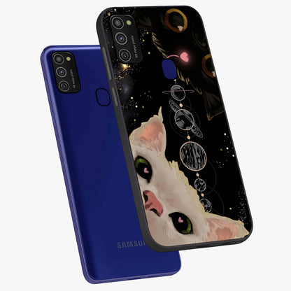 Galactic Cat Glass Case displayed in angled mockup highlighting celestial feline illustration with galaxy aesthetic style.