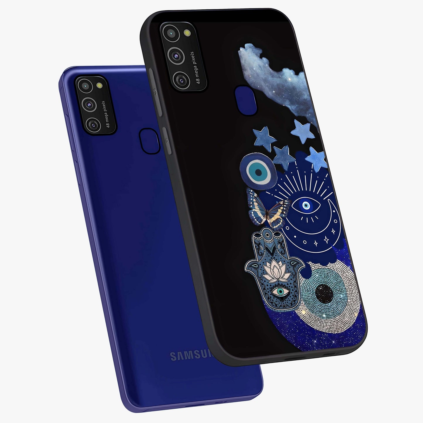 Galactic Charm Cluster Glass Case displayed in angled mockup highlighting luminous galaxy inspired design with dreamy aesthetic.