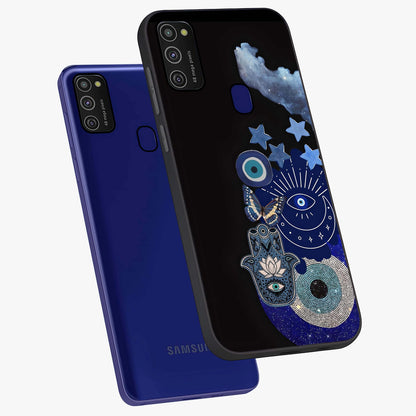 Galactic Charm Cluster Glass Case displayed in angled mockup highlighting luminous galaxy inspired design with dreamy aesthetic.