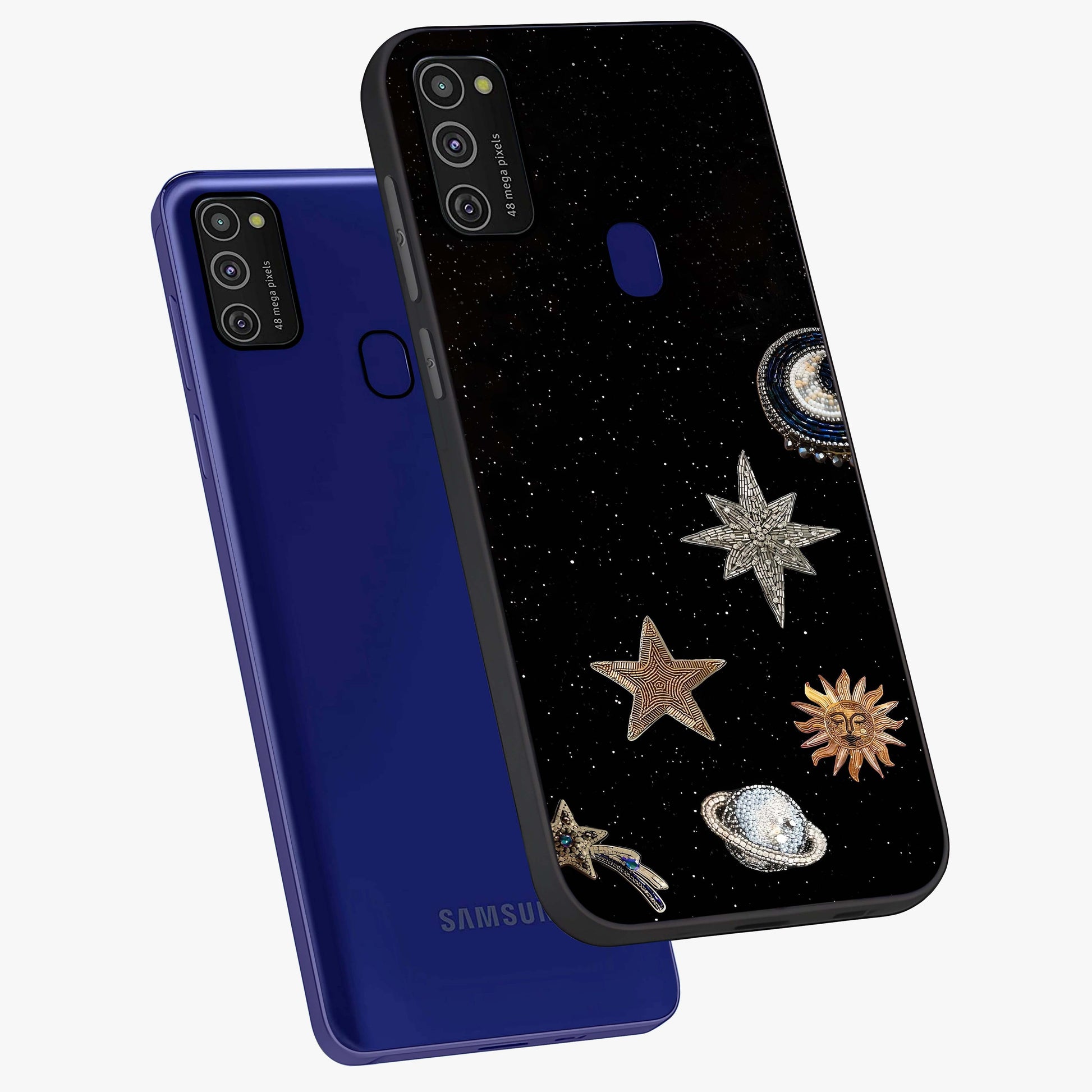 Galactic Charm Glow Glass Case displayed in angled mockup highlighting luminous galaxy inspired design with dreamy aesthetic.