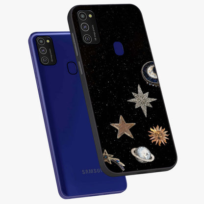 Galactic Charm Glow Glass Case displayed in angled mockup highlighting luminous galaxy inspired design with dreamy aesthetic.