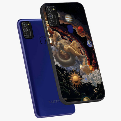 Galactic Divine God Glass Case displayed in angled mockup highlighting powerful celestial deity illustration with galactic aesthetic.