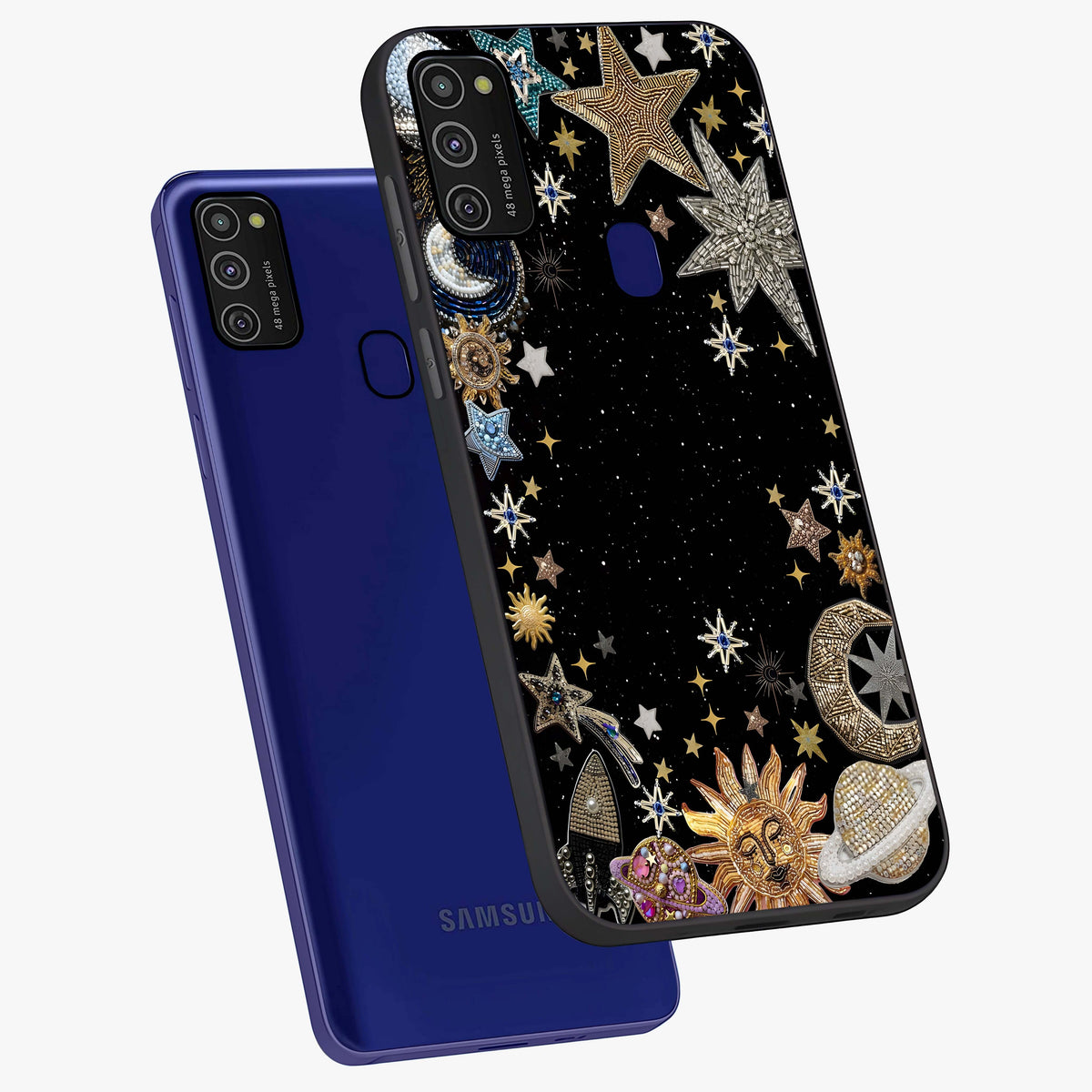 Galactic Jewel Stars Glass Case displayed in angled mockup highlighting shining celestial star design with cosmic aesthetic style.