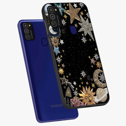 Galactic Jewel Stars Glass Case displayed in angled mockup highlighting shining celestial star design with cosmic aesthetic style.