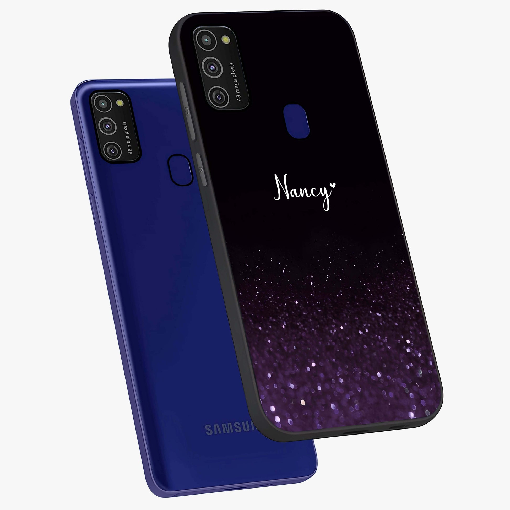Glittery Purple Bokeh Custom Name Glass Case displayed in angled mockup highlighting glitter bokeh pattern with custom name feature.