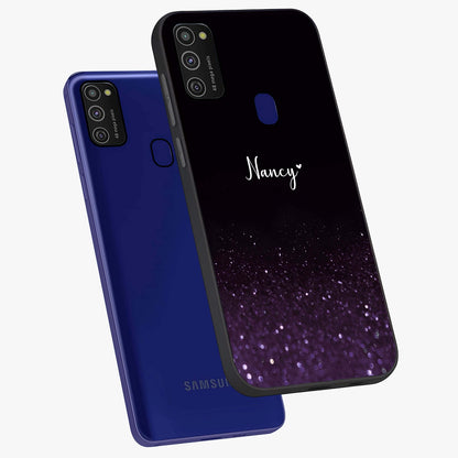 Glittery Purple Bokeh Custom Name Glass Case displayed in angled mockup highlighting glitter bokeh pattern with custom name feature.