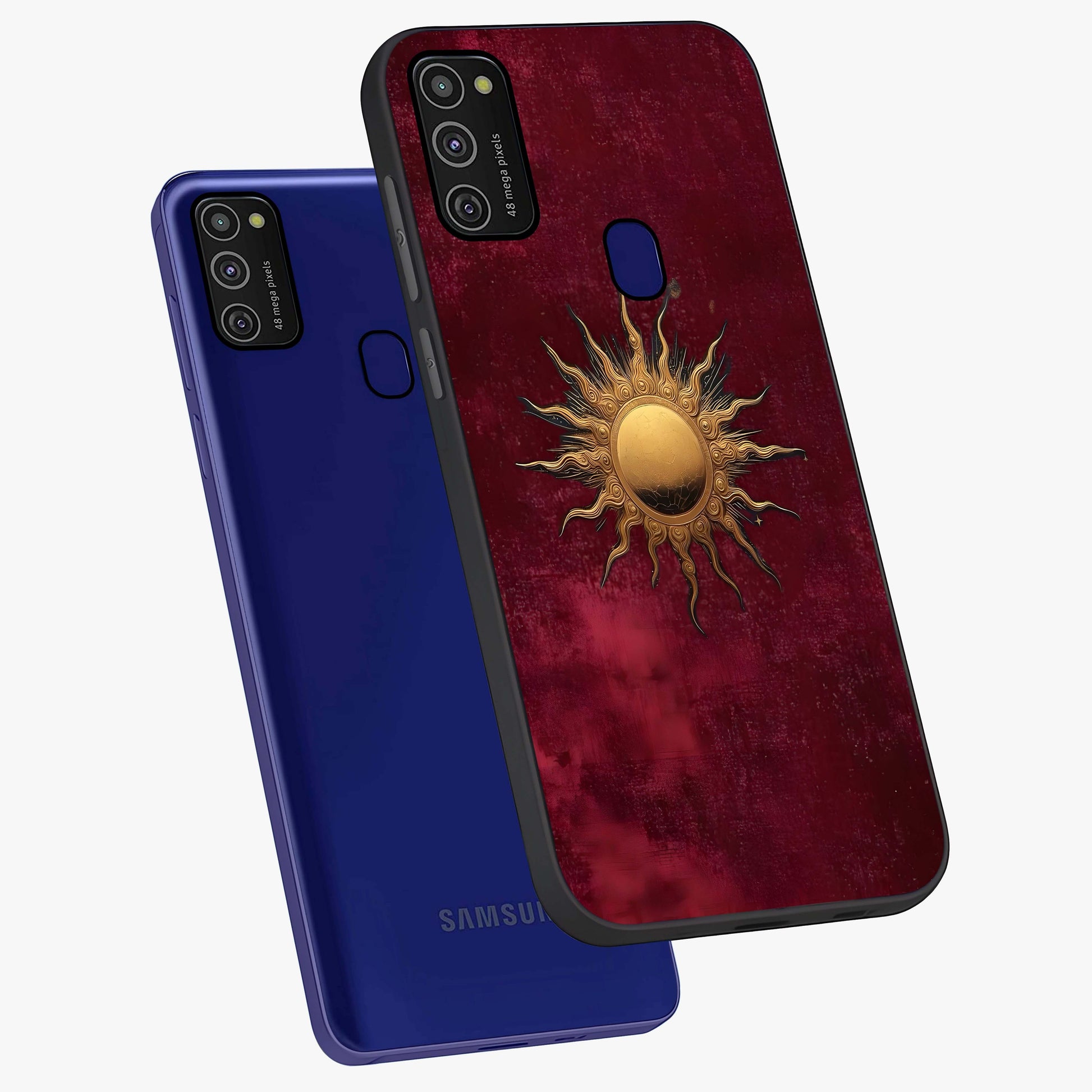 Golden Sun Minimalism Glass Case displayed in angled mockup highlighting clean sun symbol design with modern minimal aesthetic.