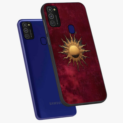 Golden Sun Minimalism Glass Case displayed in angled mockup highlighting clean sun symbol design with modern minimal aesthetic.
