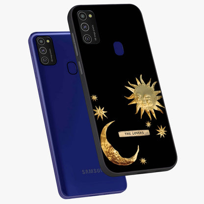 Gold Sun Blush Glass Case displayed in angled mockup highlighting radiant sun design with warm golden aesthetic.