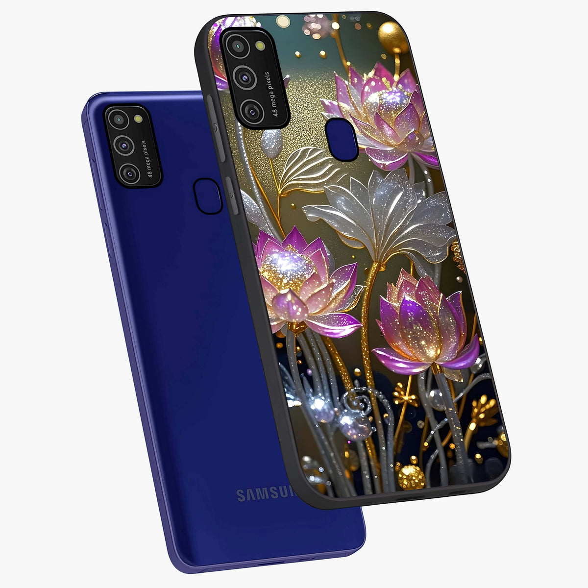 Golden Floral Majesty Glass Case displayed in angled mockup highlighting elegant flower design with royal golden aesthetic.