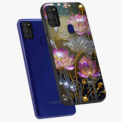 Golden Floral Majesty Glass Case displayed in angled mockup highlighting elegant flower design with royal golden aesthetic.