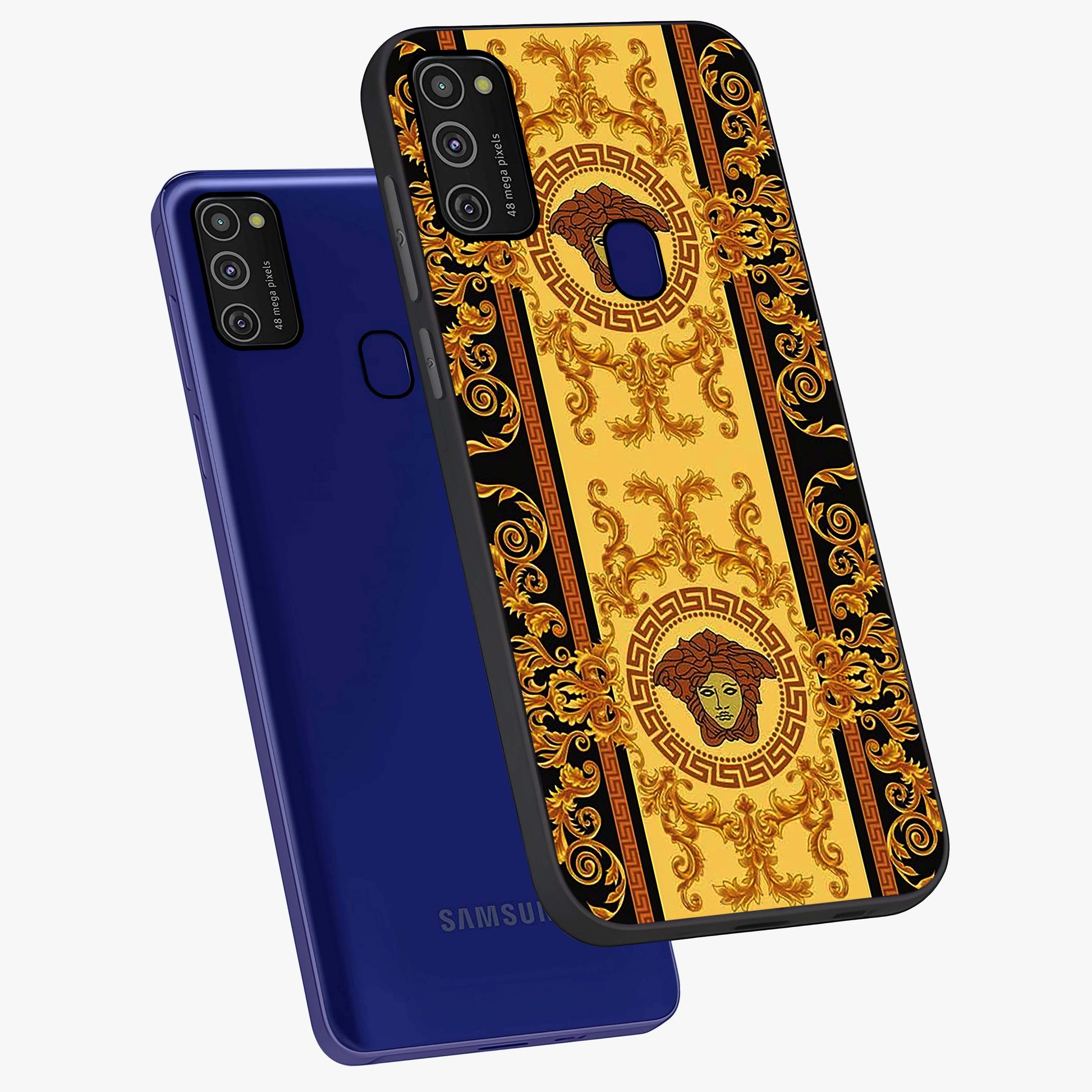 Golden Lotus Glow Glass Case displayed in angled mockup highlighting radiant lotus illustration with spiritual aesthetic.