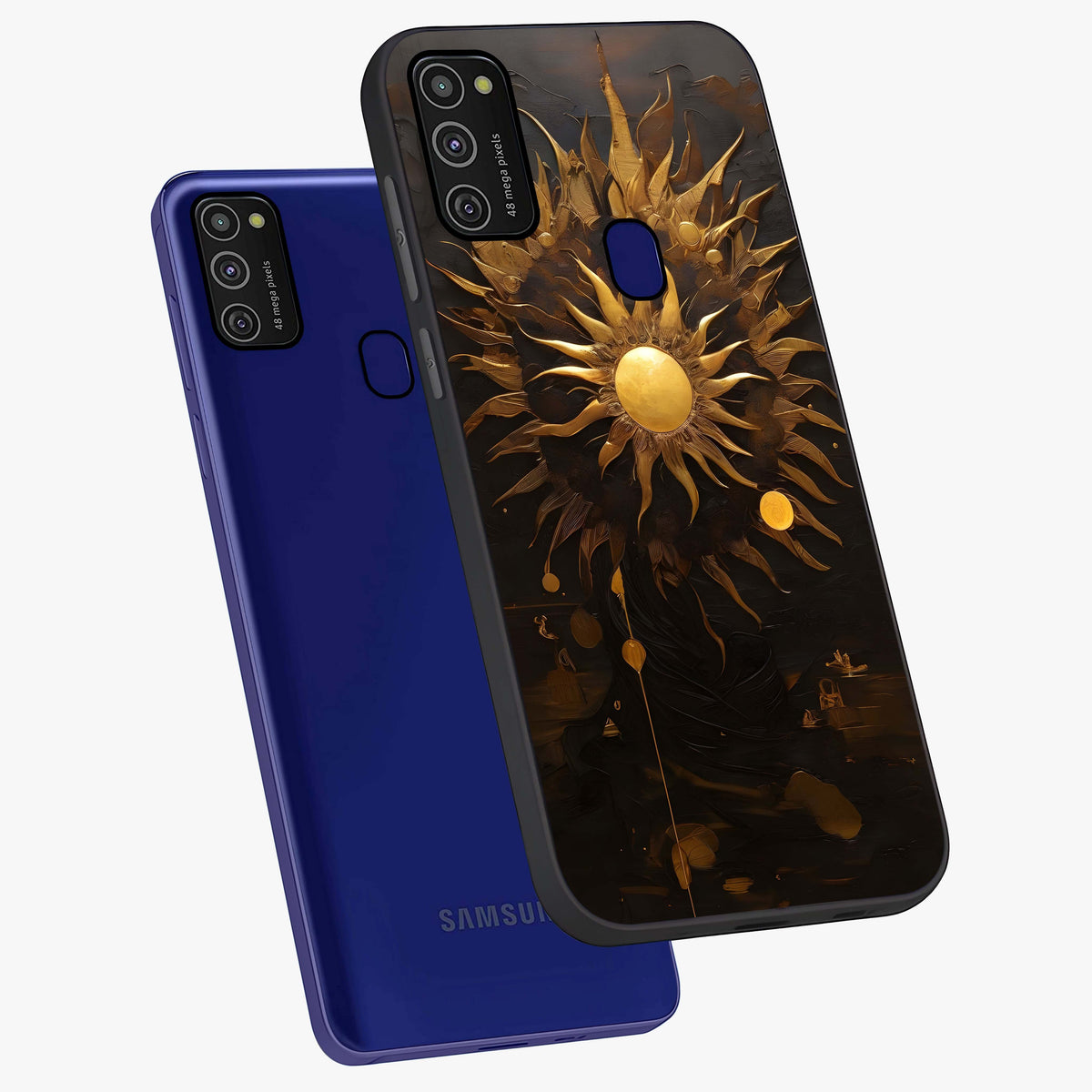 Golden Sun Majesty Glass Case displayed in angled mockup highlighting eerie shadow illustration with gothic aesthetic.