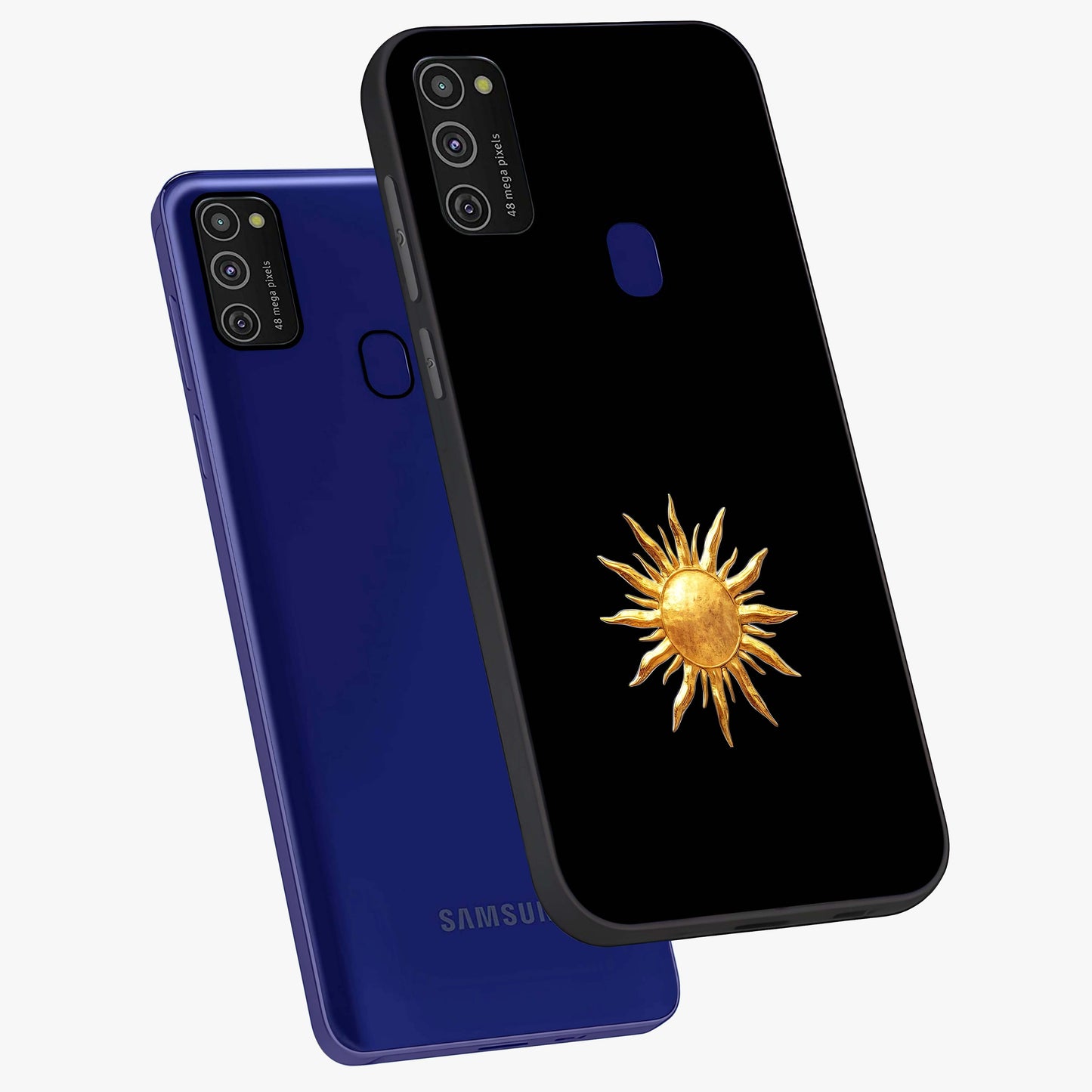 Golden Sun Minimalism Glass Case displayed in angled mockup highlighting eerie shadow illustration with gothic aesthetic.