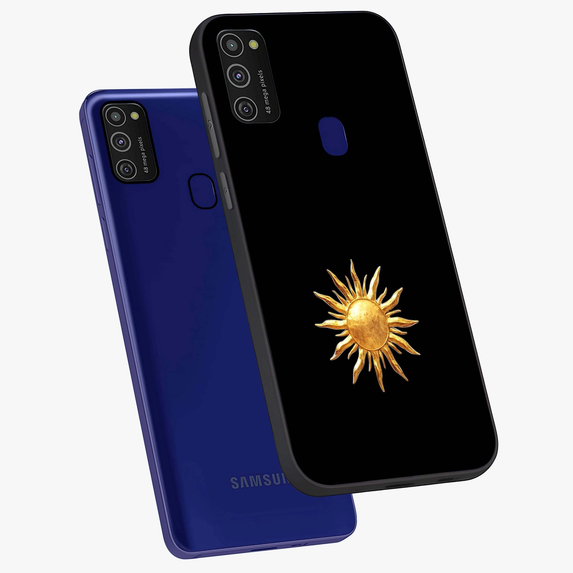 Golden Sun Minimalism Glass Case displayed in angled mockup highlighting eerie shadow illustration with gothic aesthetic.