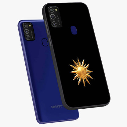 Golden Sun Minimalism Glass Case displayed in angled mockup highlighting eerie shadow illustration with gothic aesthetic.