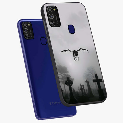Graveyard Shadow Descent Glass Case displayed in angled mockup highlighting eerie shadow illustration with gothic aesthetic.