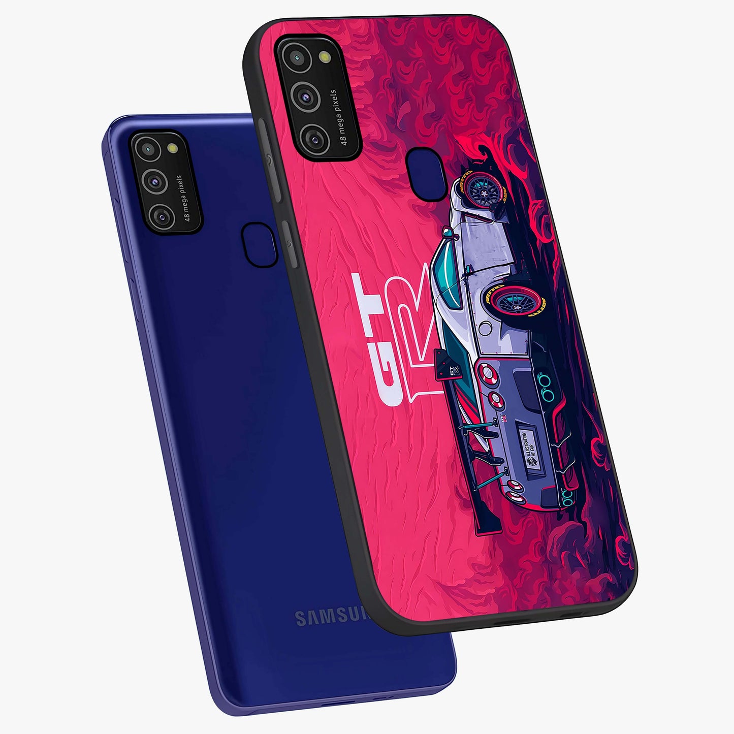 GT-R Car Pattern Glass Case displayed in angled mockup highlighting racing car graphic design with bold automotive aesthetic.