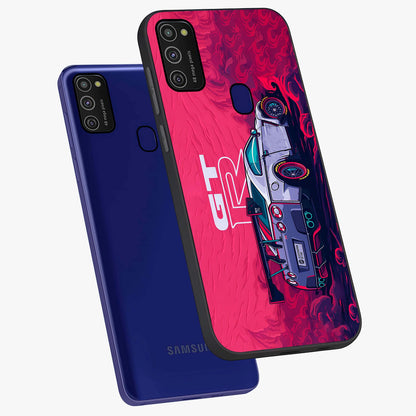 GT-R Car Pattern Glass Case displayed in angled mockup highlighting racing car graphic design with bold automotive aesthetic.