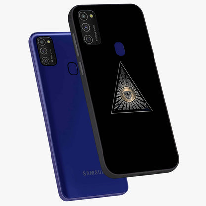 Illuminati Evil Glass Case displayed in angled mockup highlighting dark occult inspired design with bold aesthetic style.