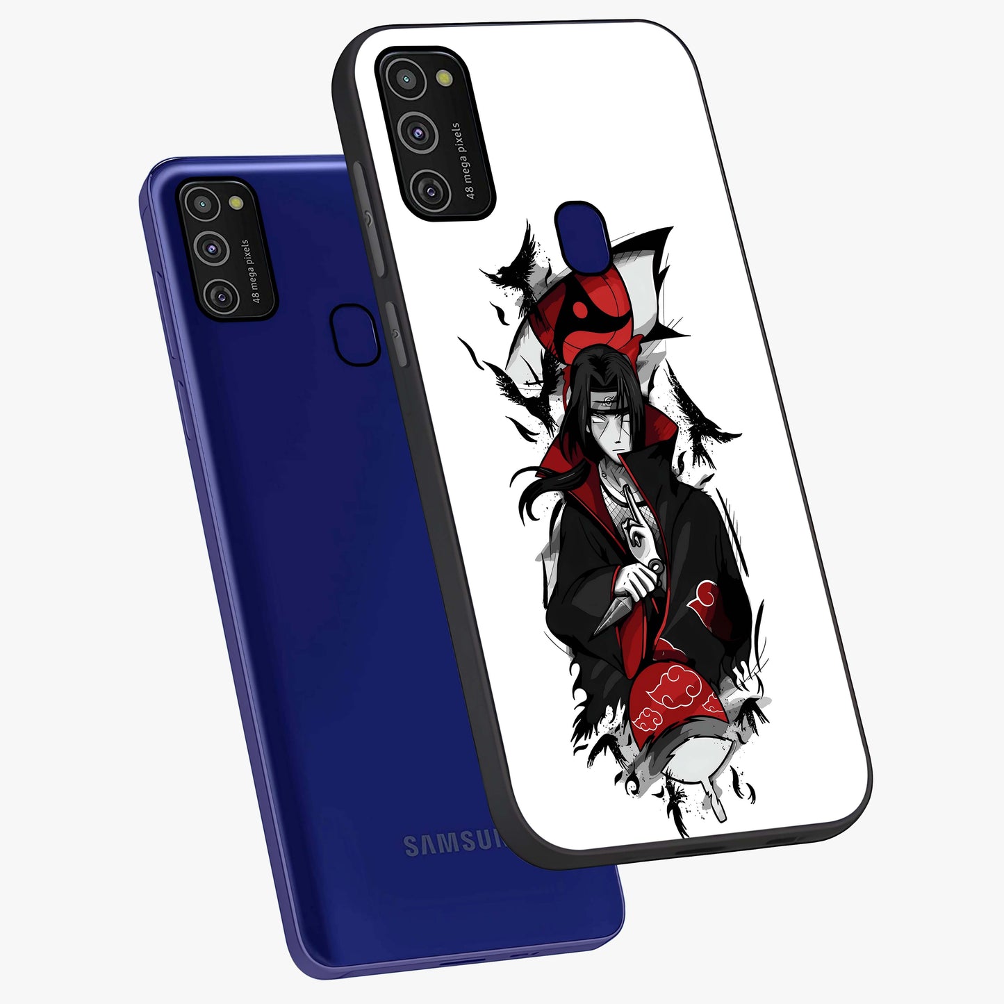 Itachi Limited Edition Naruto Anime Glass Case displayed in angled mockup highlighting dramatic anime illustration with bold action aesthetic.