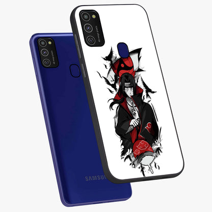 Itachi Limited Edition Naruto Anime Glass Case displayed in angled mockup highlighting dramatic anime illustration with bold action aesthetic.