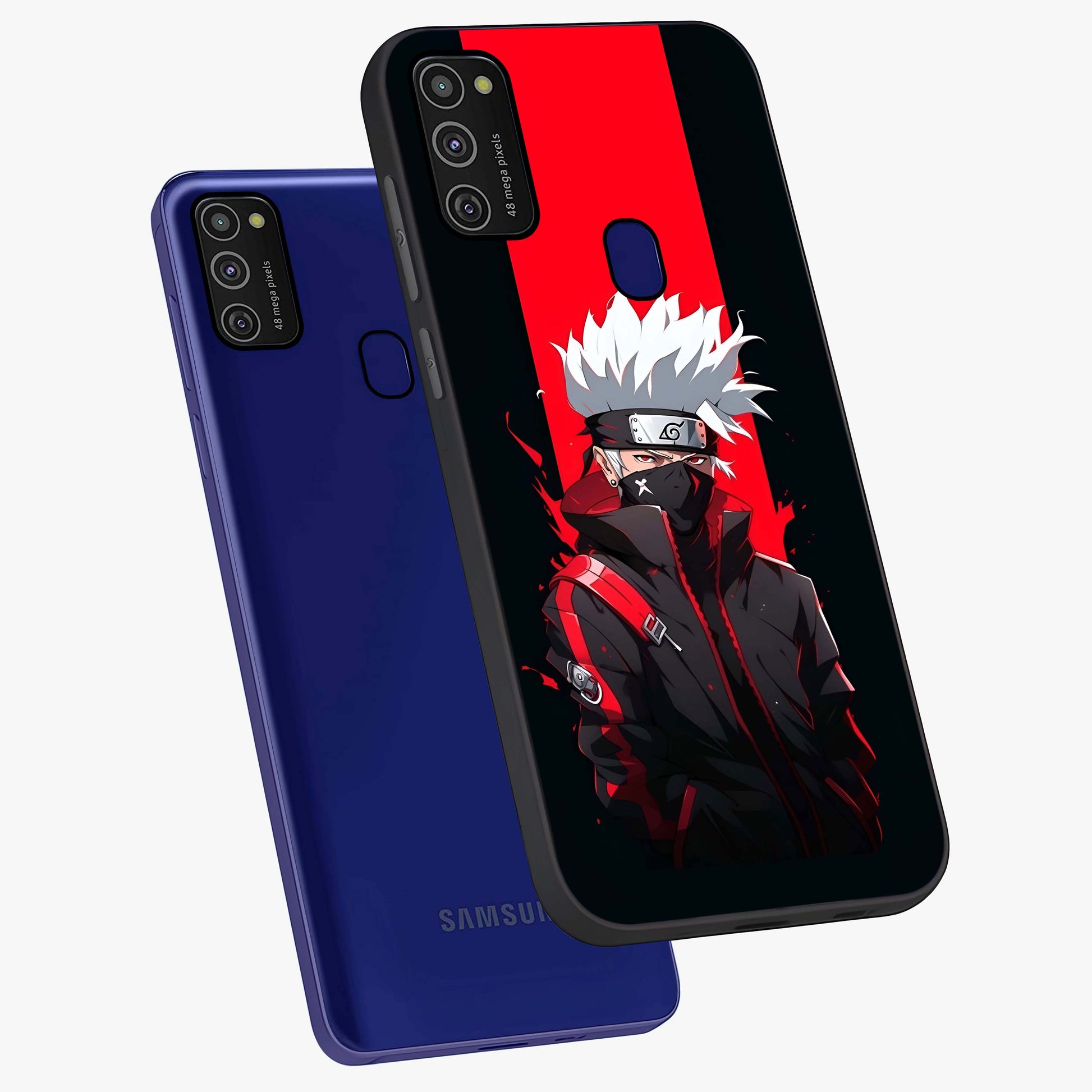 Kakashi Scarlet Shadow Glass Case displayed in angled mockup highlighting dramatic ninja illustration with scarlet themed aesthetic.