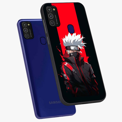 Kakashi Scarlet Shadow Glass Case displayed in angled mockup highlighting dramatic ninja illustration with scarlet themed aesthetic.