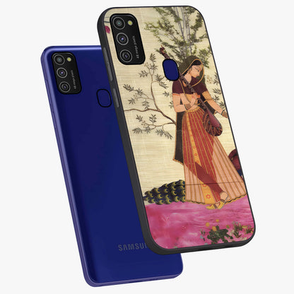 Lady With Veena Art Glass Case displayed in angled mockup highlighting graceful musical illustration with cultural artistic aesthetic.