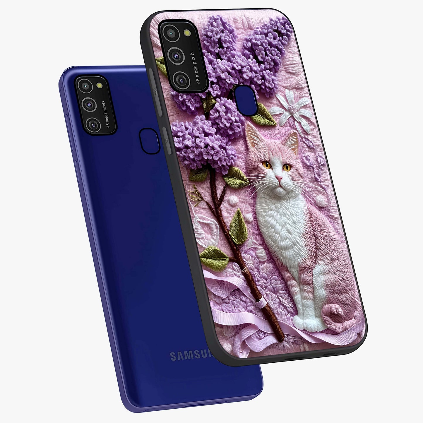 Lavender Cat Whimsy Glass Case displayed in angled mockup highlighting playful feline illustration with pastel lavender aesthetic.