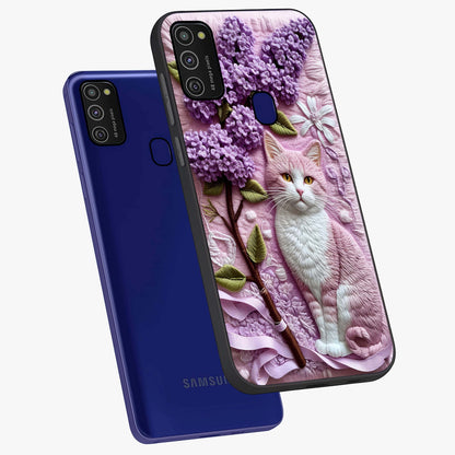 Lavender Cat Whimsy Glass Case displayed in angled mockup highlighting playful feline illustration with pastel lavender aesthetic.