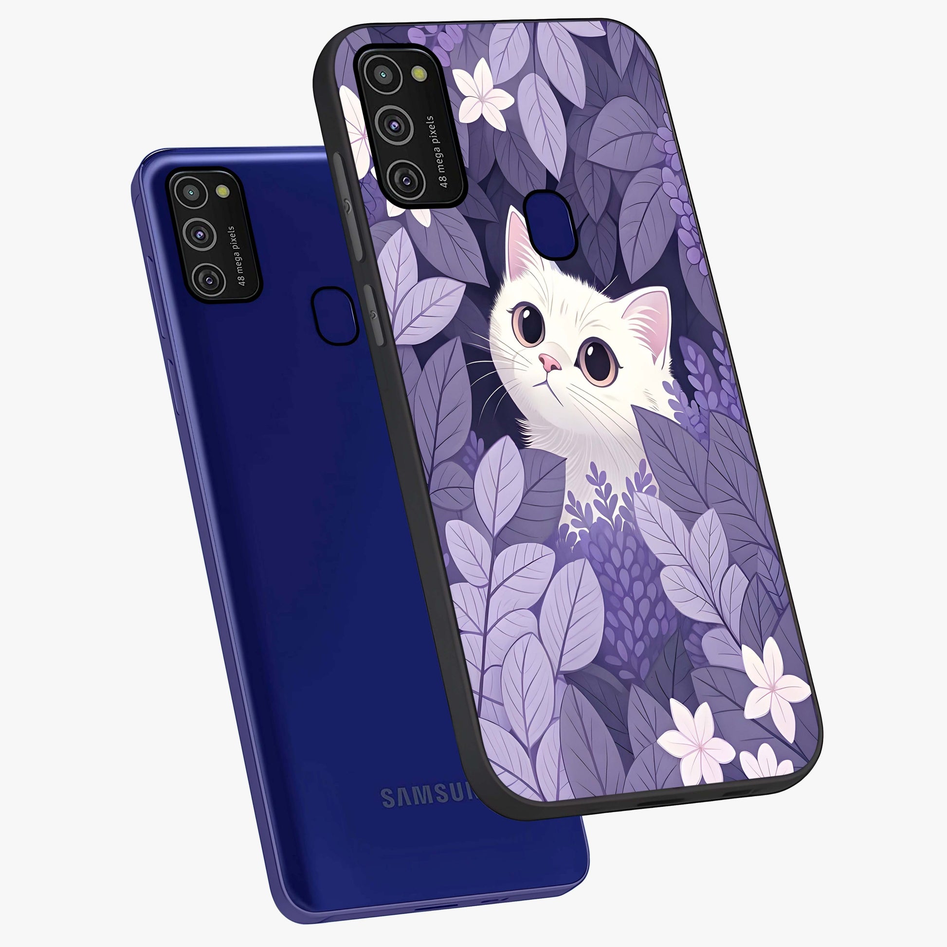 Lilac Hide Peek Cat Glass Case displayed in angled mockup highlighting playful feline illustration with lilac aesthetic design.