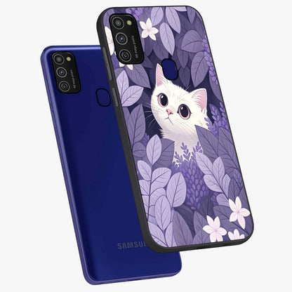 Lilac Hide Peek Cat Glass Case displayed in angled mockup highlighting playful feline illustration with lilac aesthetic design.