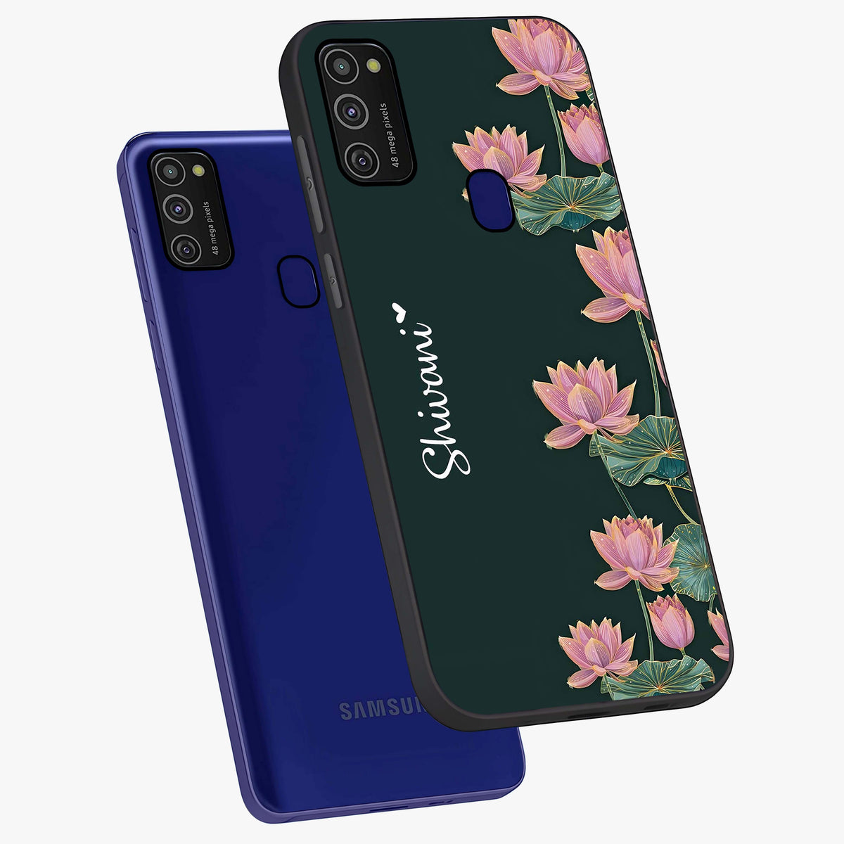 Lotus Bloom Serenity Custom Name Glass Case displayed in angled mockup highlighting graceful lotus illustration with custom name feature.