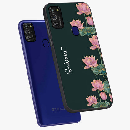 Lotus Bloom Serenity Custom Name Glass Case displayed in angled mockup highlighting graceful lotus illustration with custom name feature.