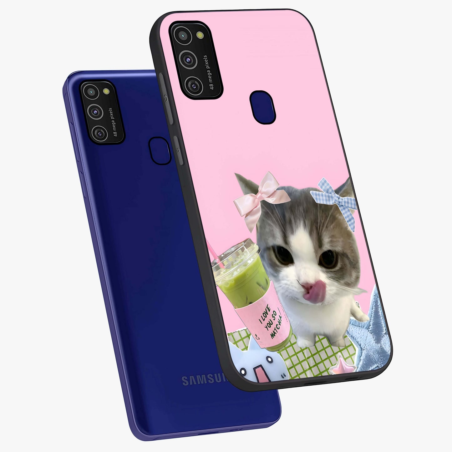 Love Matcha Cat Glass Case displayed in angled mockup highlighting playful feline illustration with cozy matcha aesthetic.