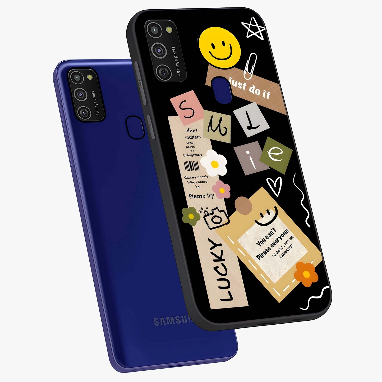 Lucky Aesthetic Collage Glass Case displayed in angled mockup highlighting stylish collage pattern with modern aesthetic vibe.